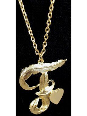 VTG 70s Gold Tone Initial F Feather Heart Necklace